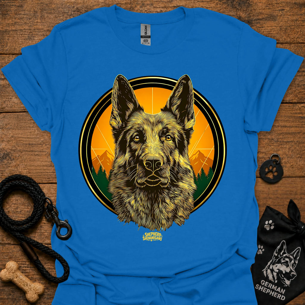 Royal blue graphic German Shepherd T-shirt with sunrise circle portrait