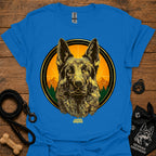 Royal blue graphic German Shepherd T-shirt with sunrise circle portrait
