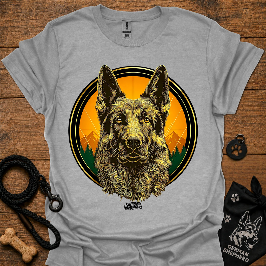 Sport gray graphic German Shepherd T-shirt with sunrise circle portrait