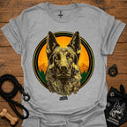 Sport gray graphic German Shepherd T-shirt with sunrise circle portrait