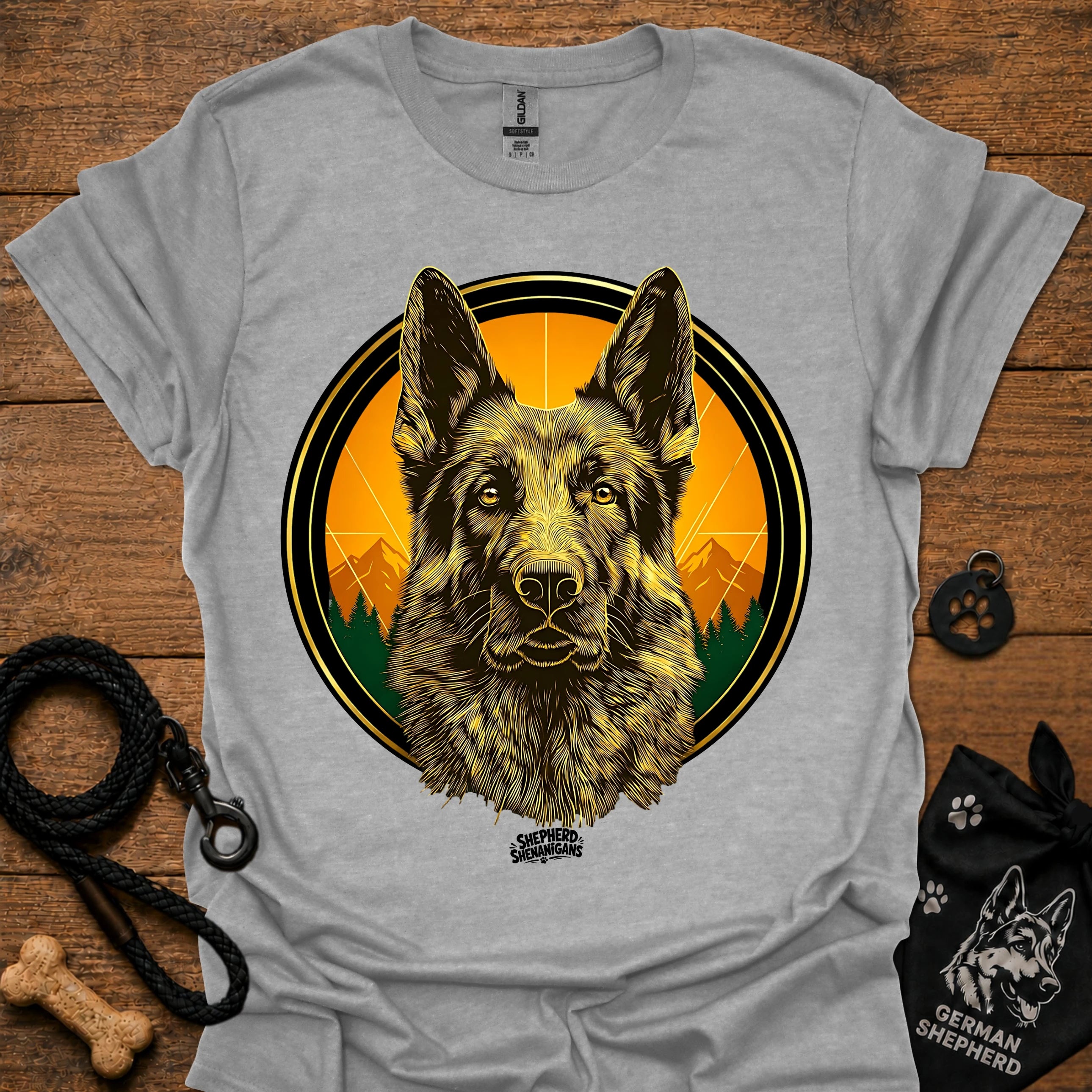 Sport gray graphic German Shepherd T-shirt with sunrise circle portrait
