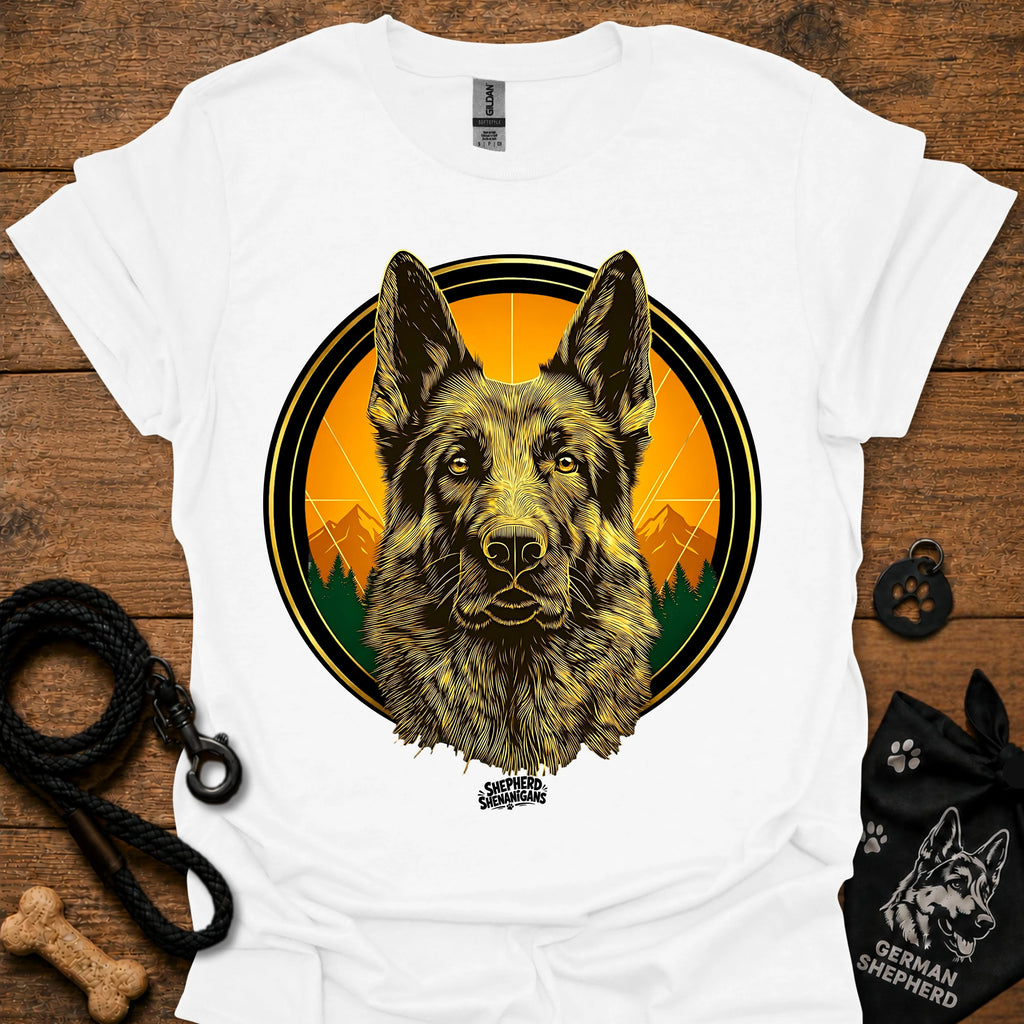 White graphic German Shepherd T-shirt with sunrise circle portrait