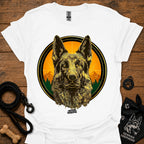 White graphic German Shepherd T-shirt with sunrise circle portrait