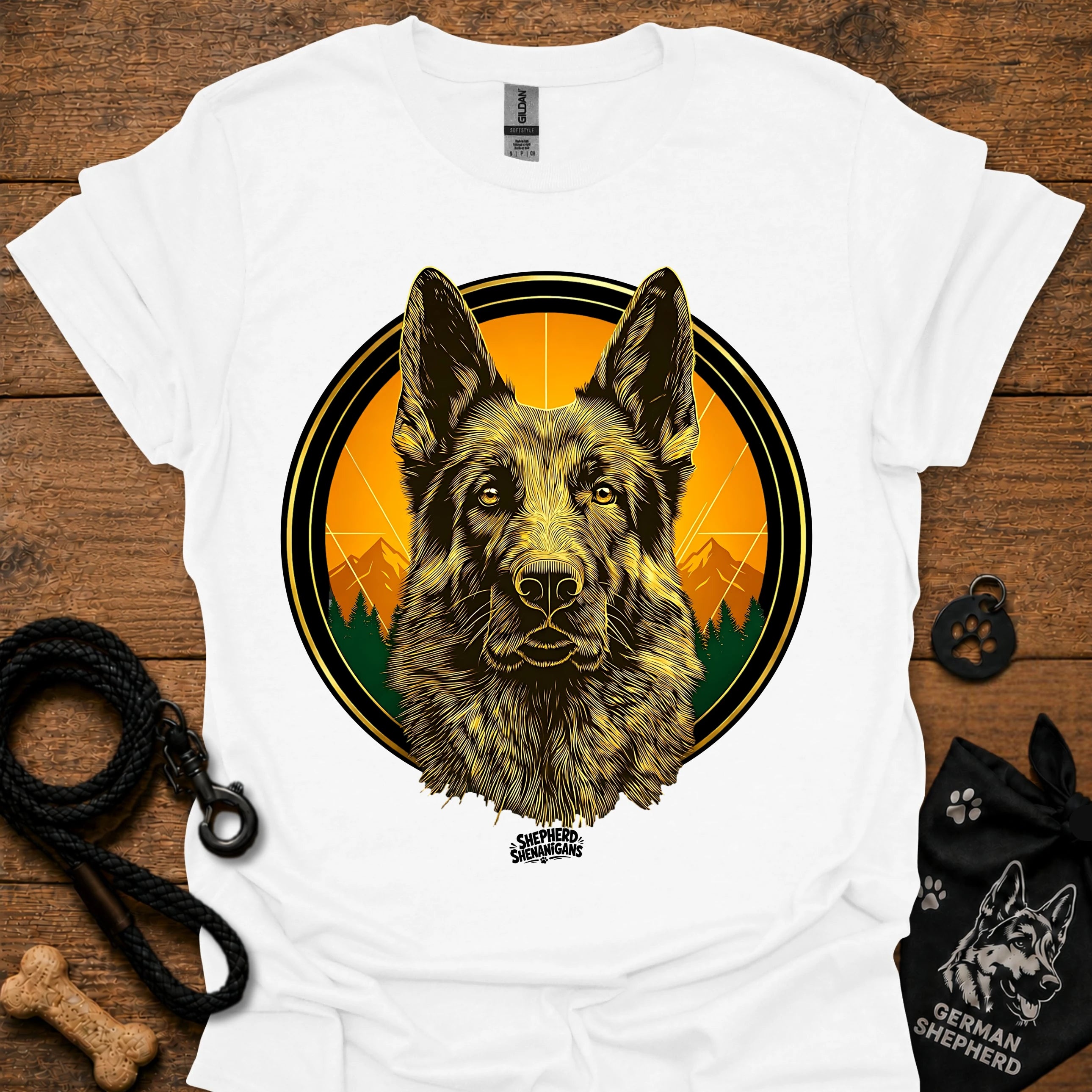 White graphic German Shepherd T-shirt with sunrise circle portrait