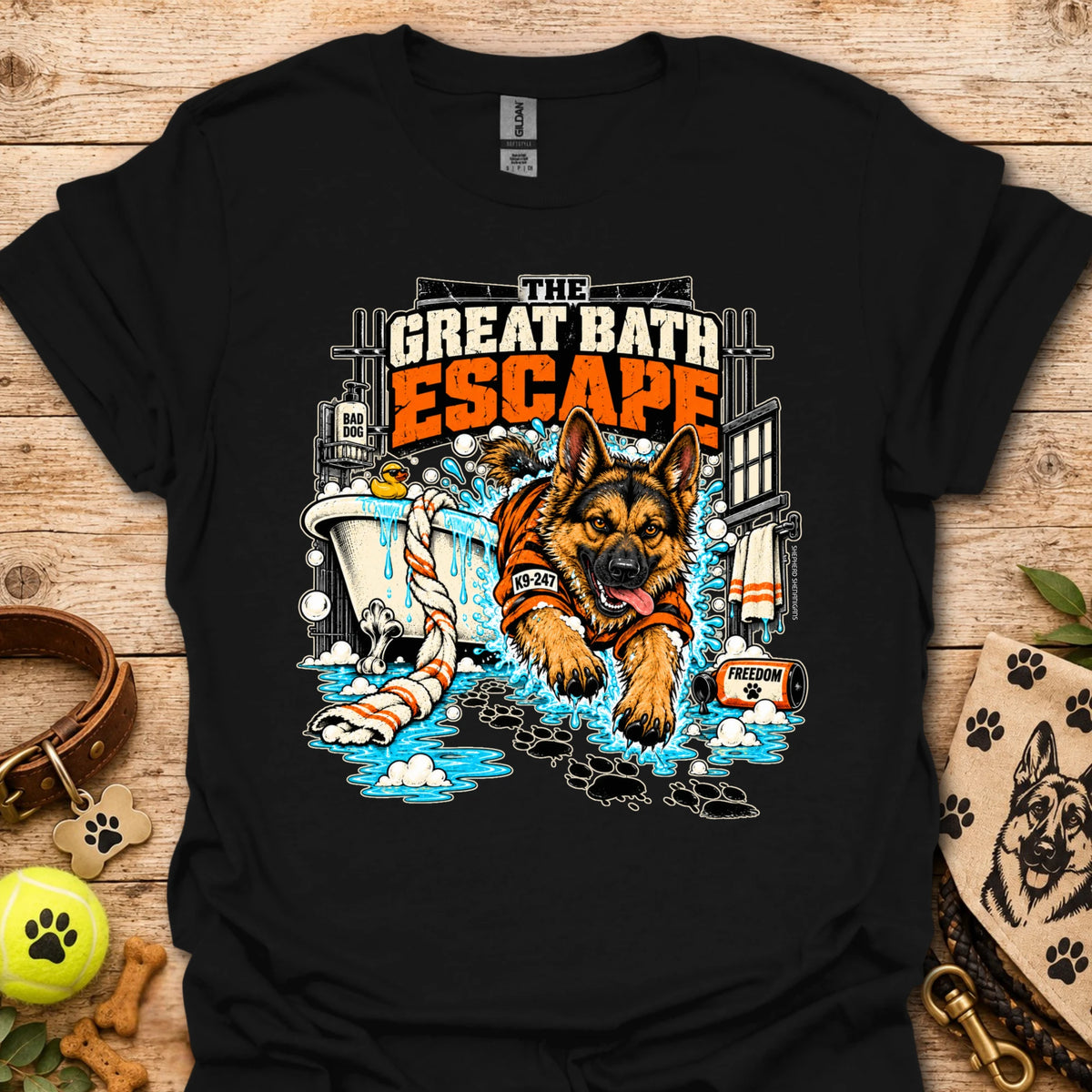 Black crewneck T-shirt with colorful dog escape graphic on front