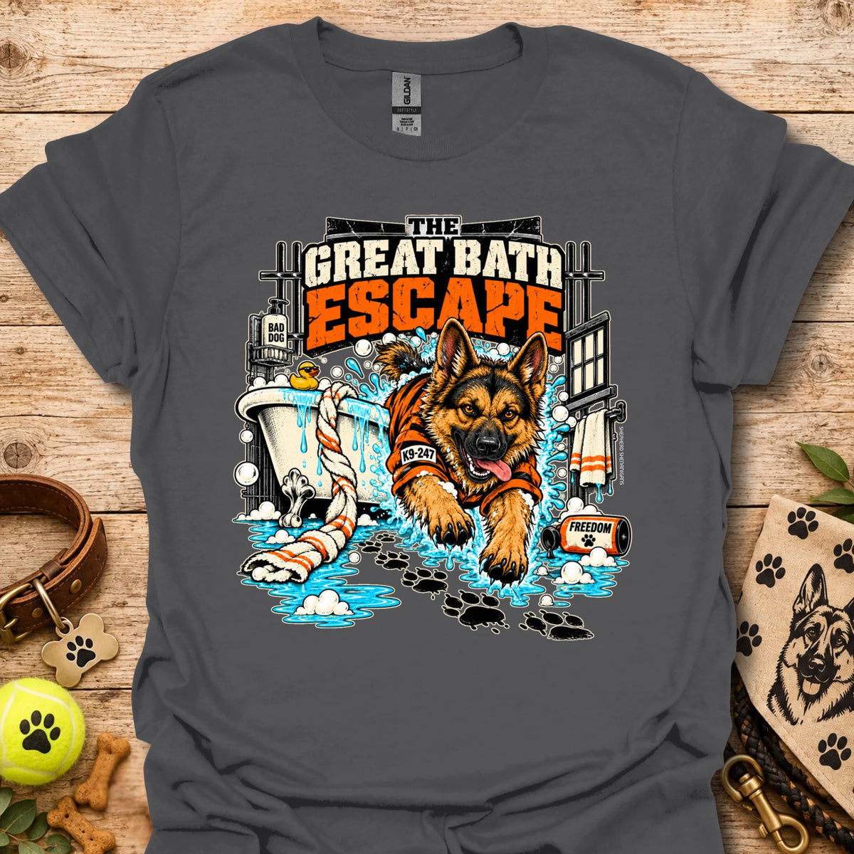 Charcoal crewneck T-shirt with colorful dog escape graphic on front