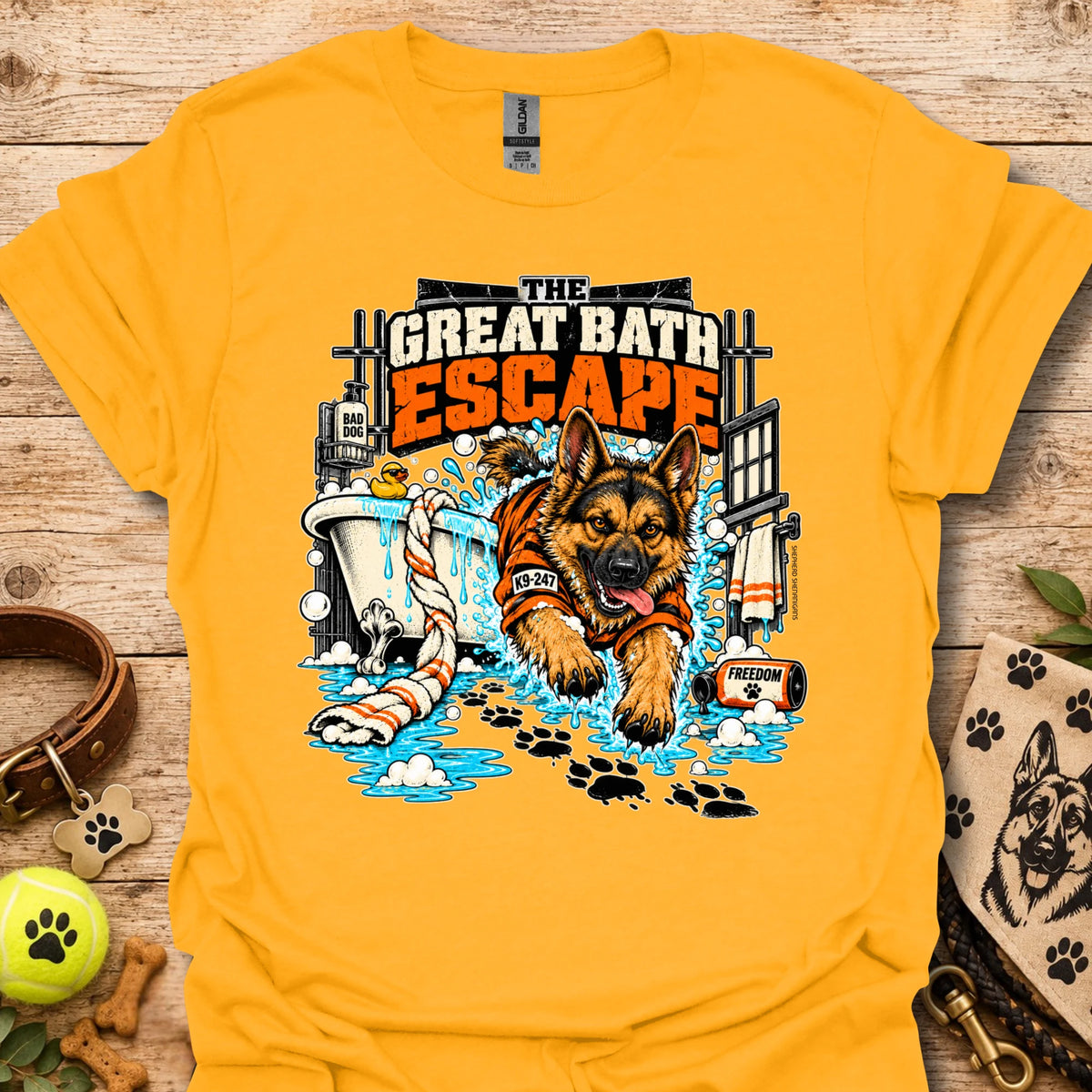Gold crewneck T-shirt with colorful dog escape graphic on front