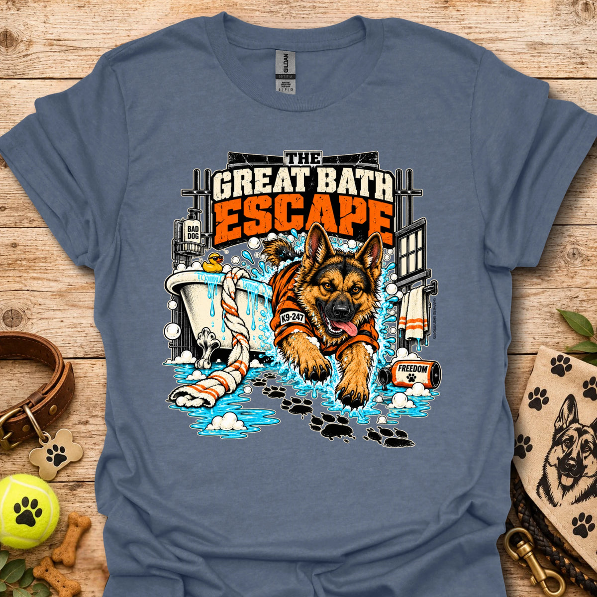 Slate blue crewneck T-shirt with colorful dog escape graphic on front