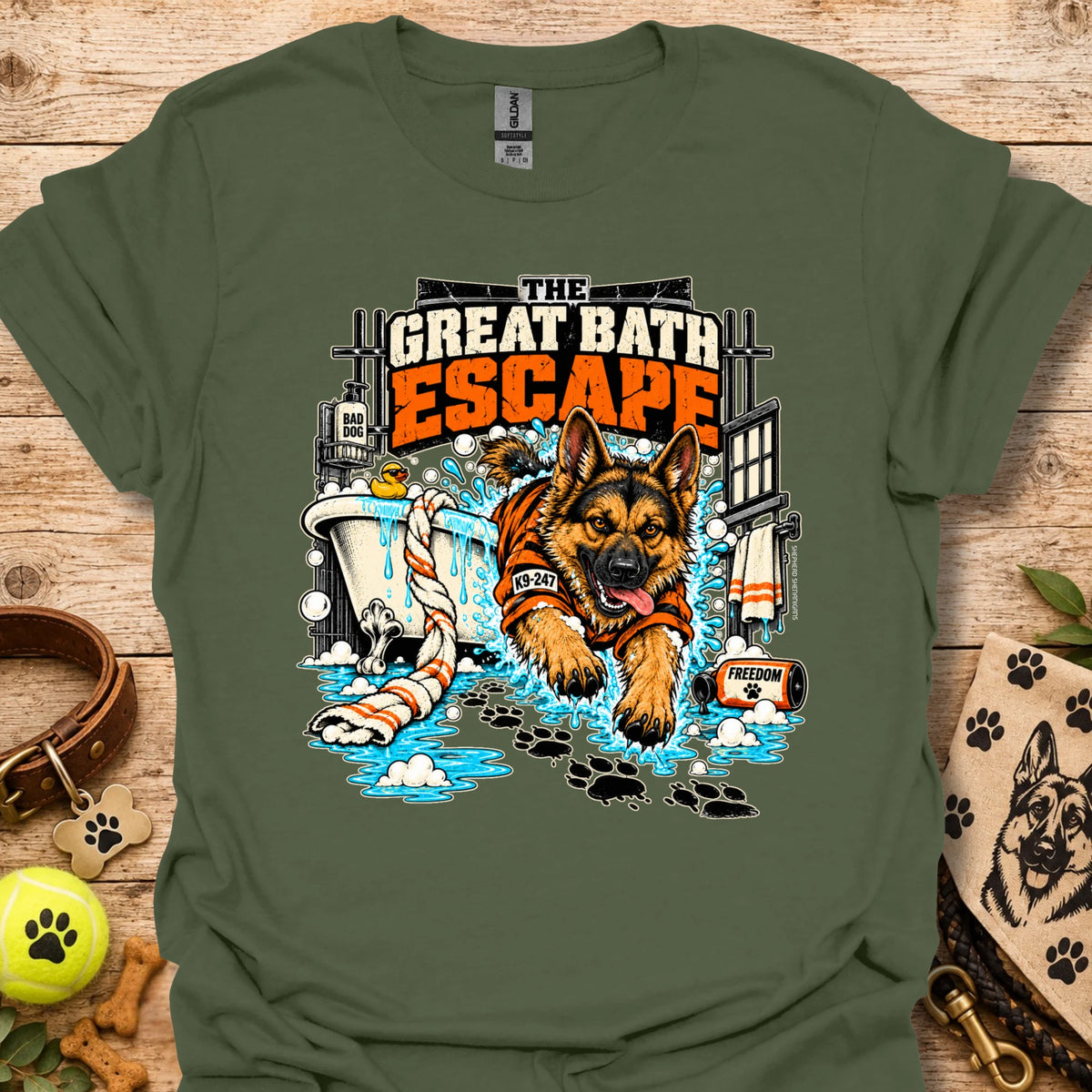 Military green crewneck T-shirt with colorful dog escape graphic on front