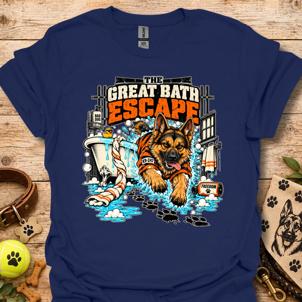 Navy crewneck T-shirt with colorful dog escape graphic on front