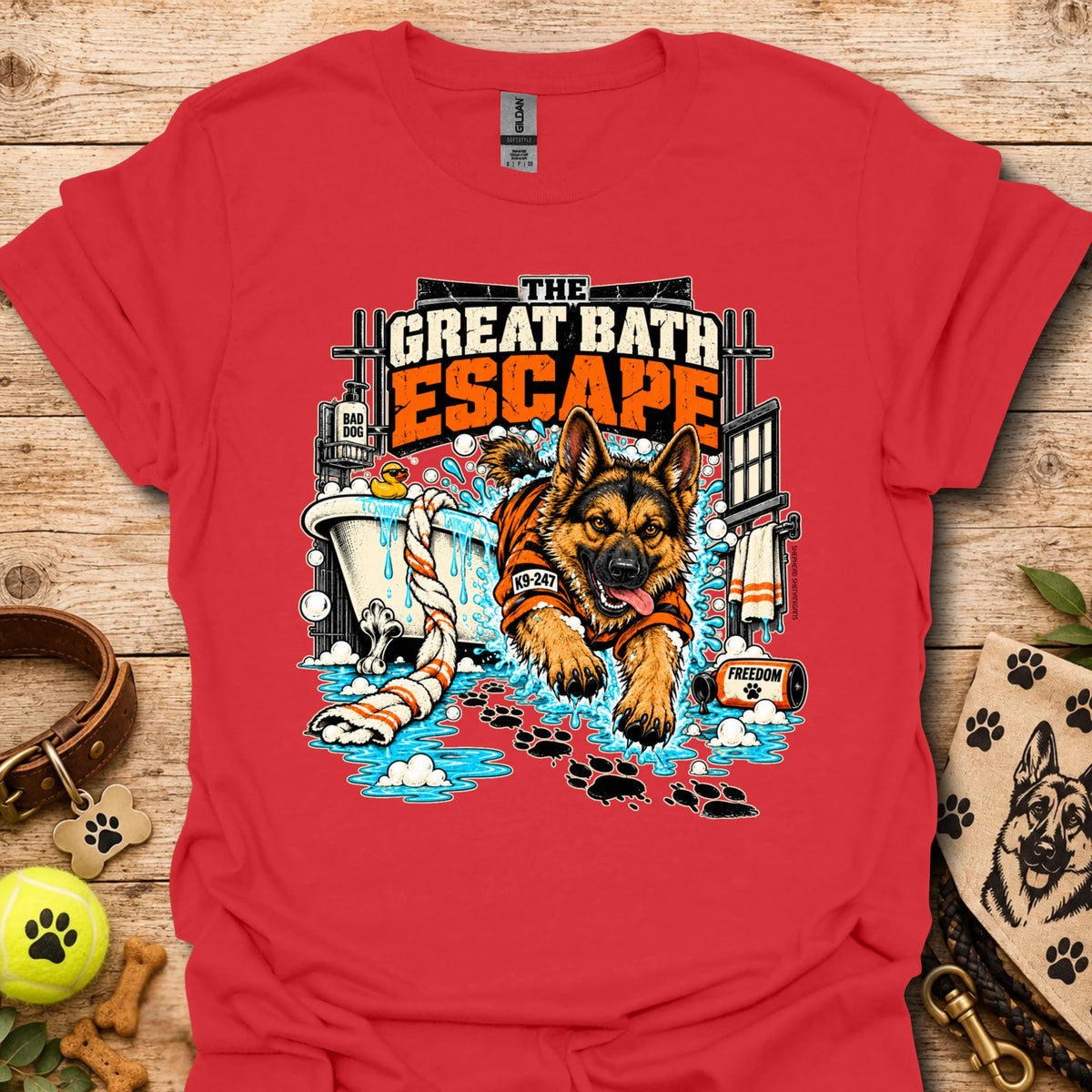 Red crewneck T-shirt with colorful dog escape graphic on front