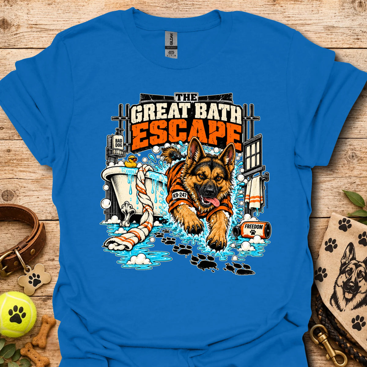 Royal blue crewneck T-shirt with colorful dog escape graphic on front