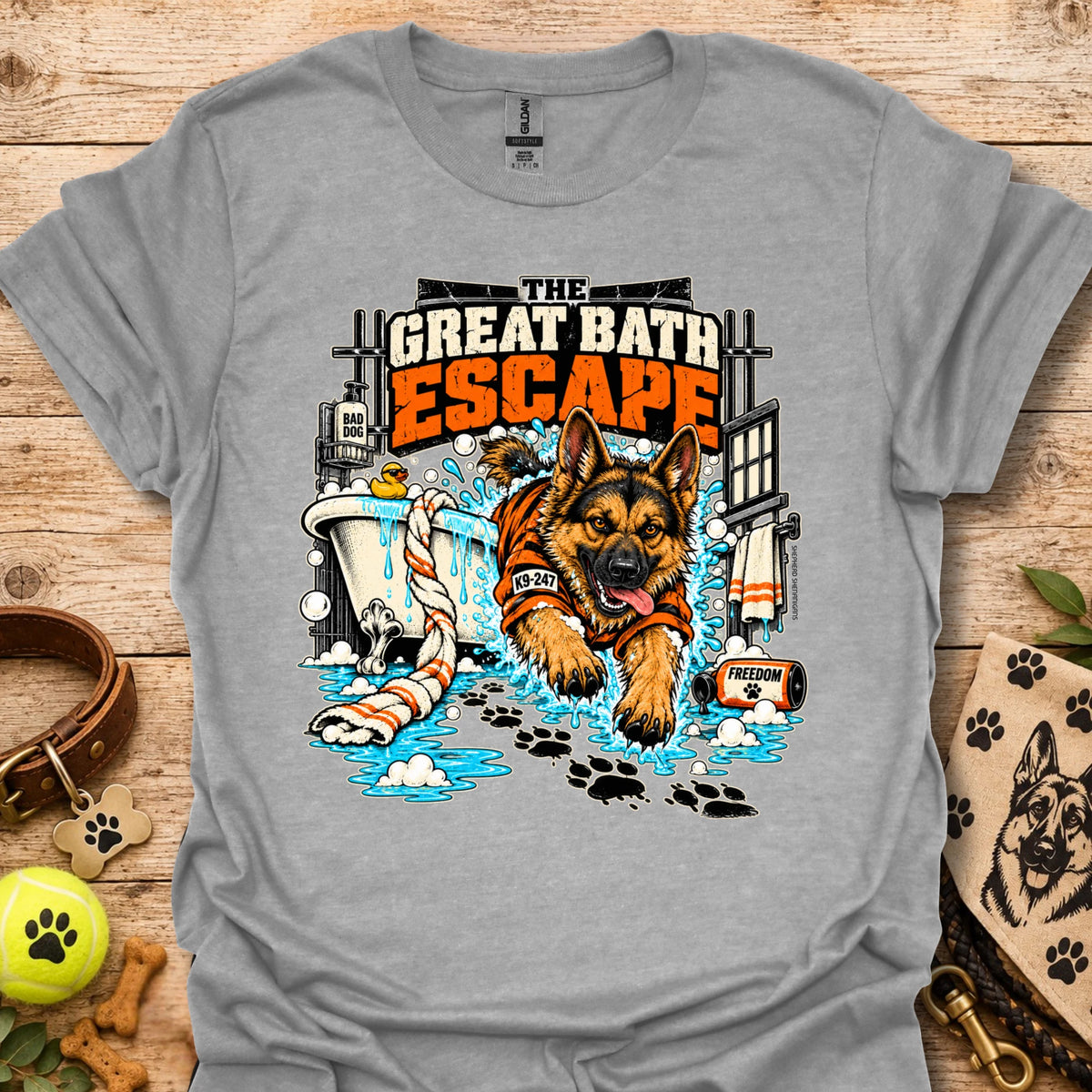Light gray crewneck T-shirt with colorful dog escape graphic on front