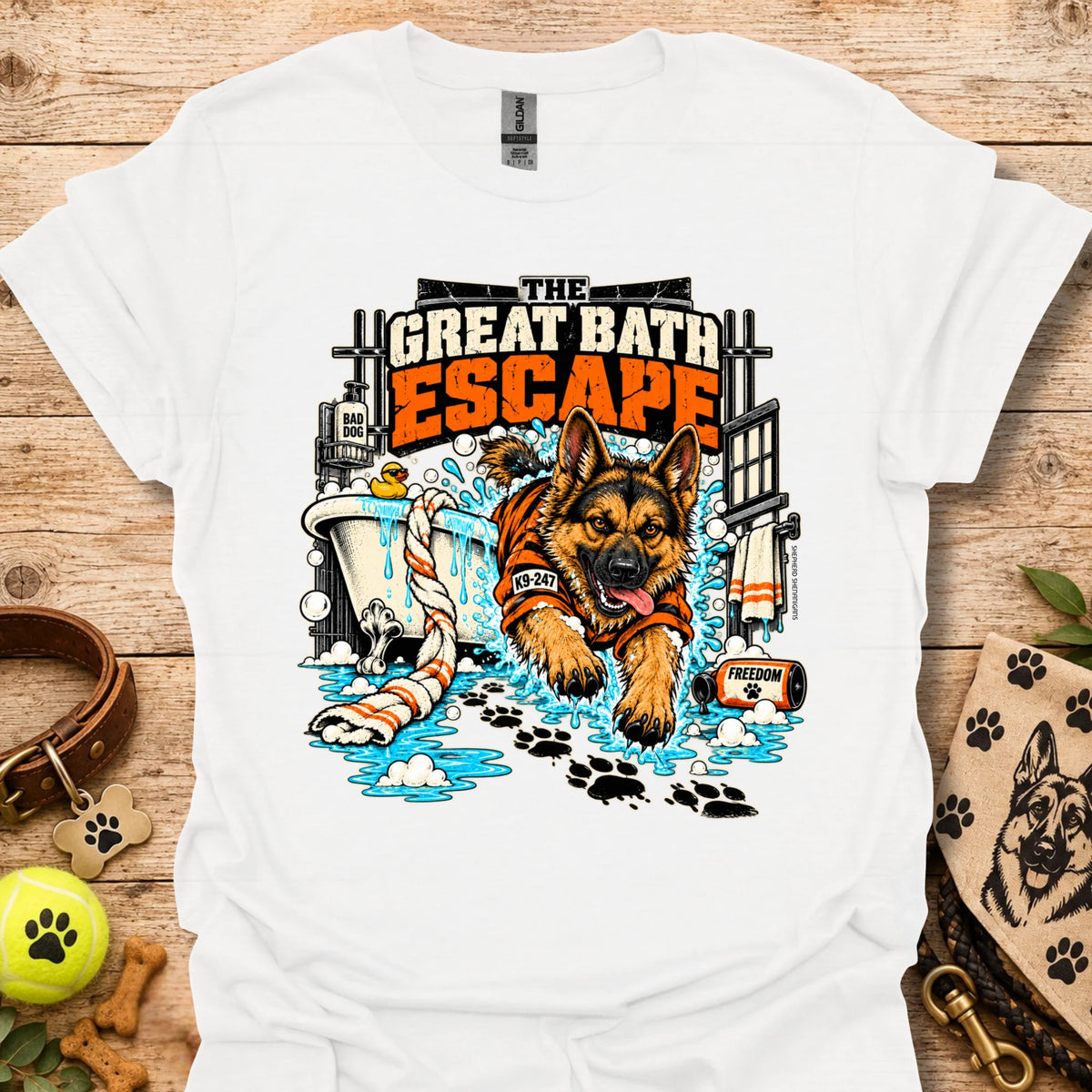 White crewneck T-shirt with colorful dog escape graphic on front
