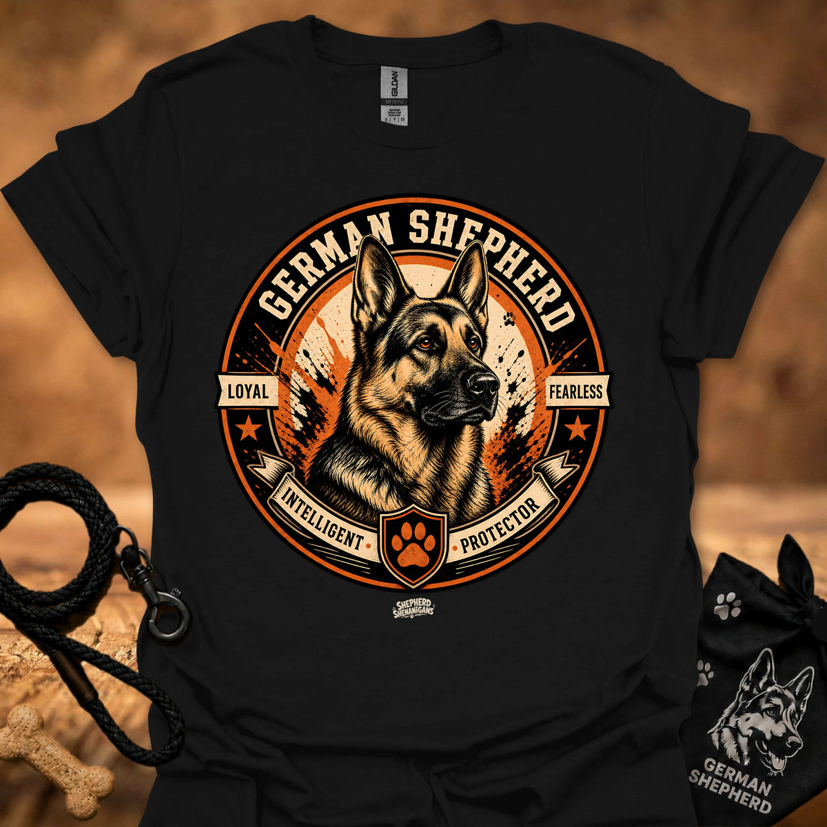 Black T-shirt with German Shepherd emblem front graphic