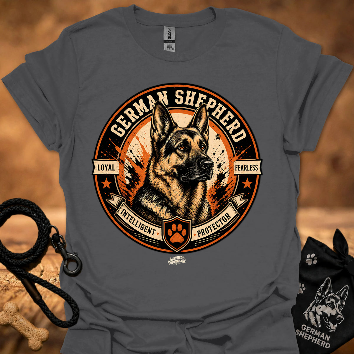 Charcoal T-shirt with German Shepherd emblem front graphic