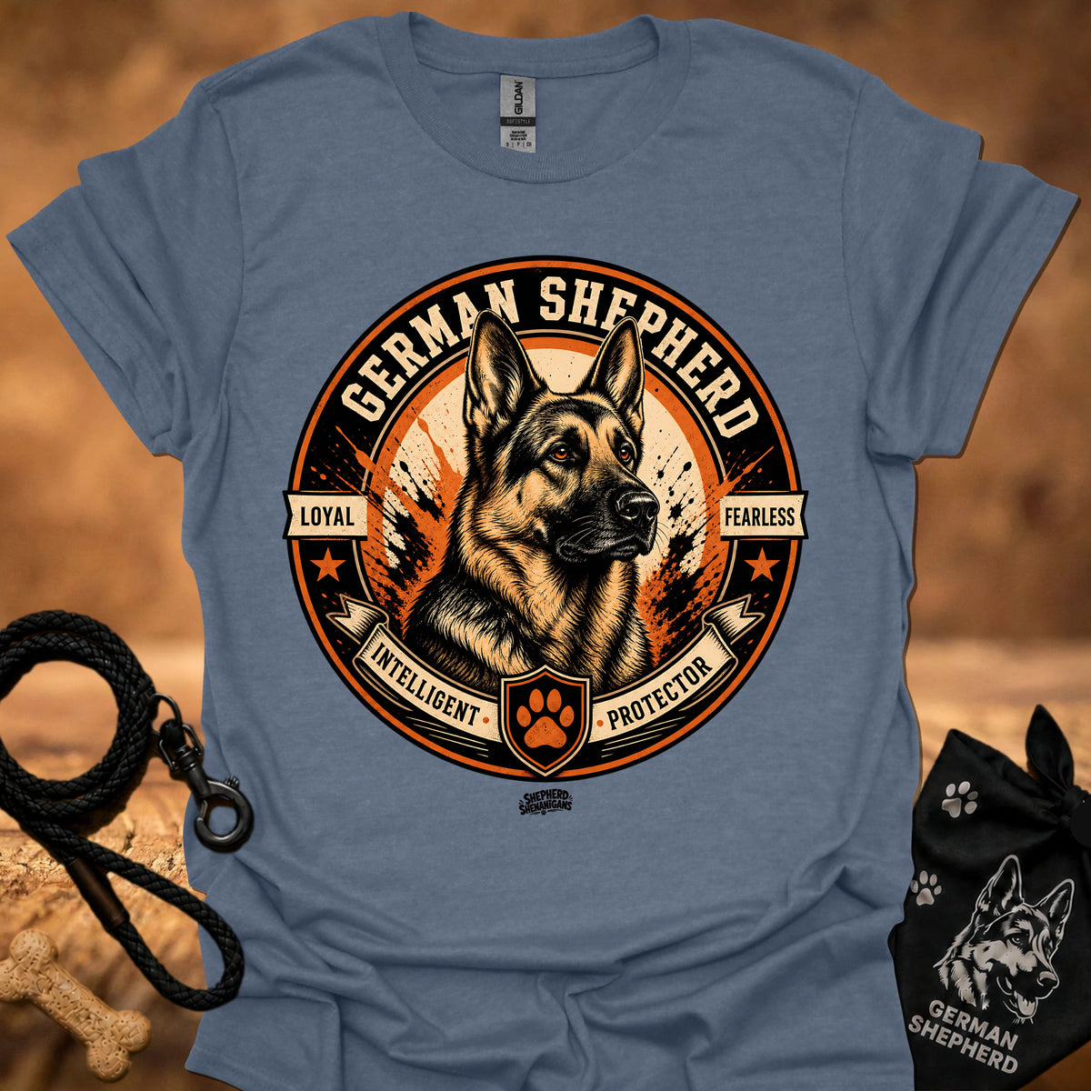 Heather blue T-shirt with German Shepherd emblem front graphic
