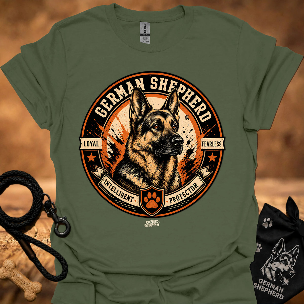 Military green T-shirt with German Shepherd emblem front graphic