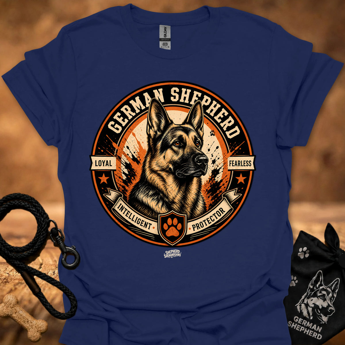 Navy T-shirt with German Shepherd emblem front graphic