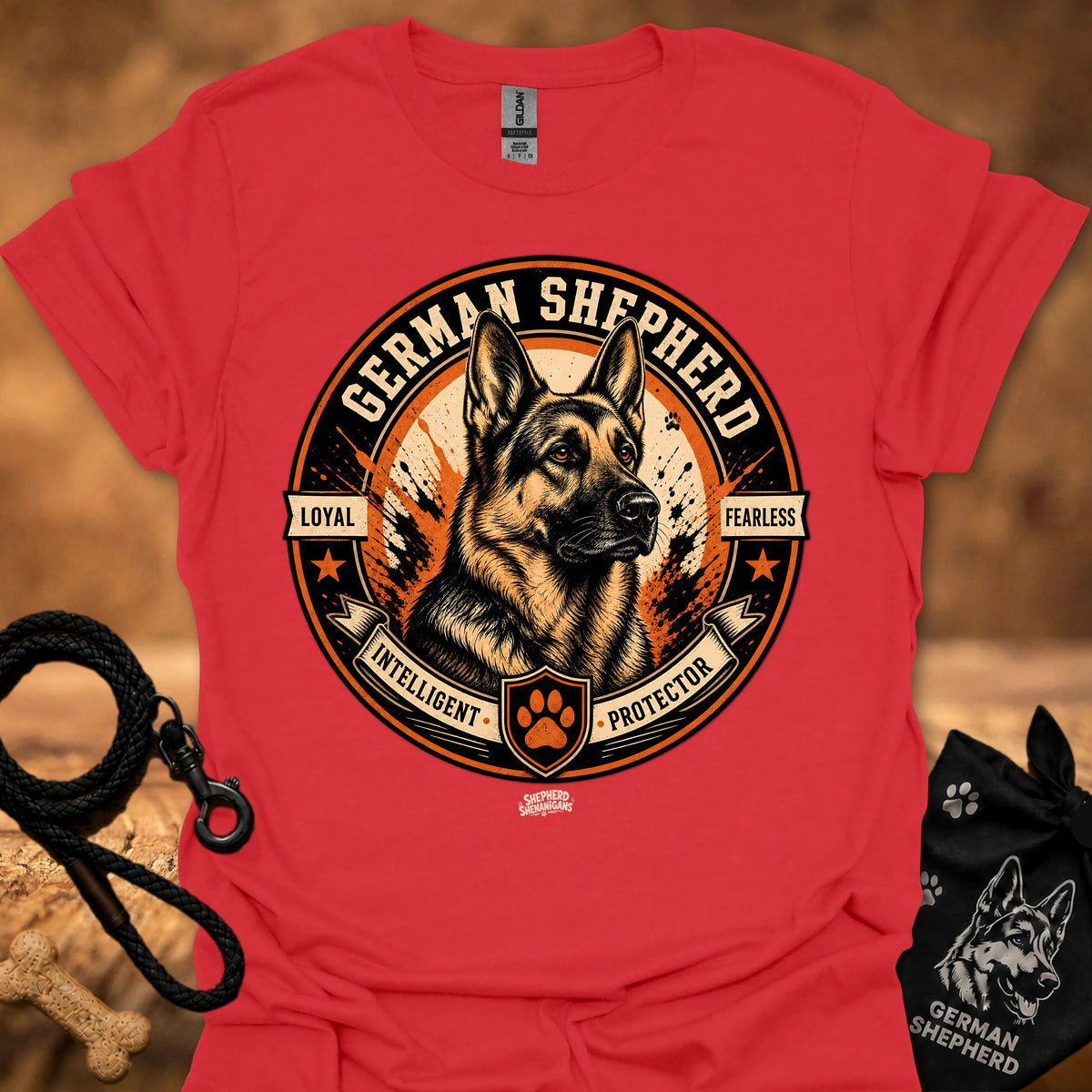 Red T-shirt with German Shepherd emblem front graphic