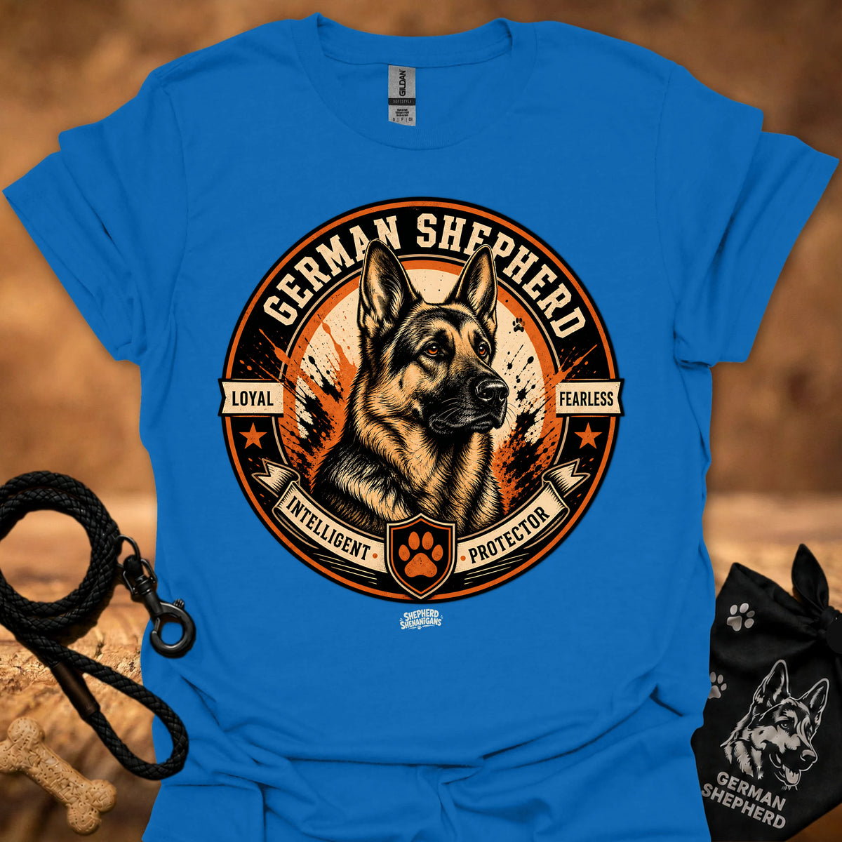 Royal blue T-shirt with German Shepherd emblem front graphic