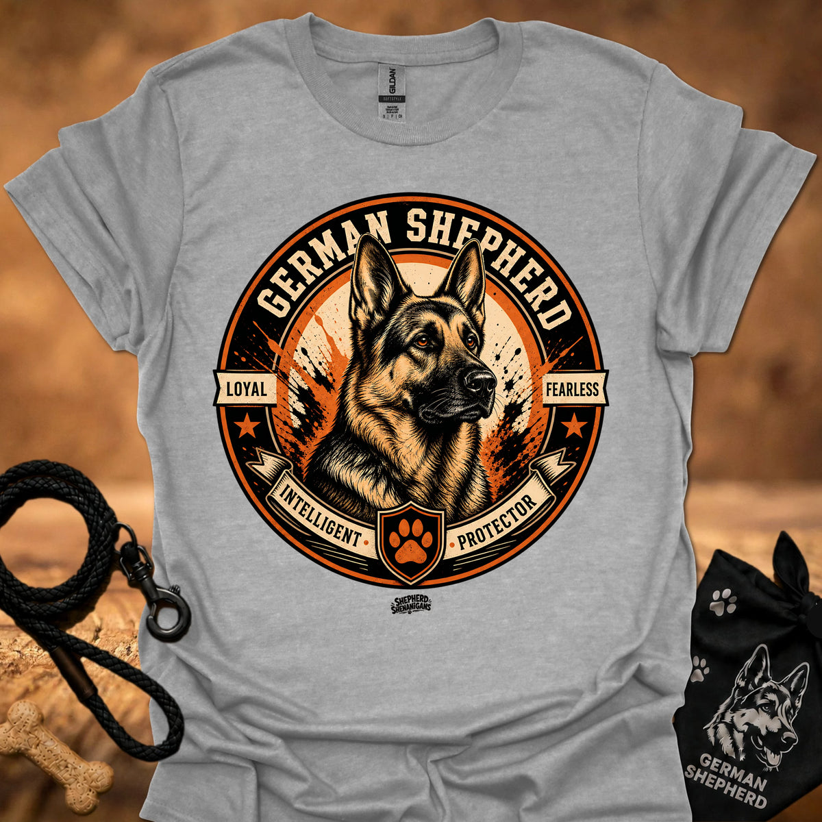 Sport grey T-shirt with German Shepherd emblem front graphic