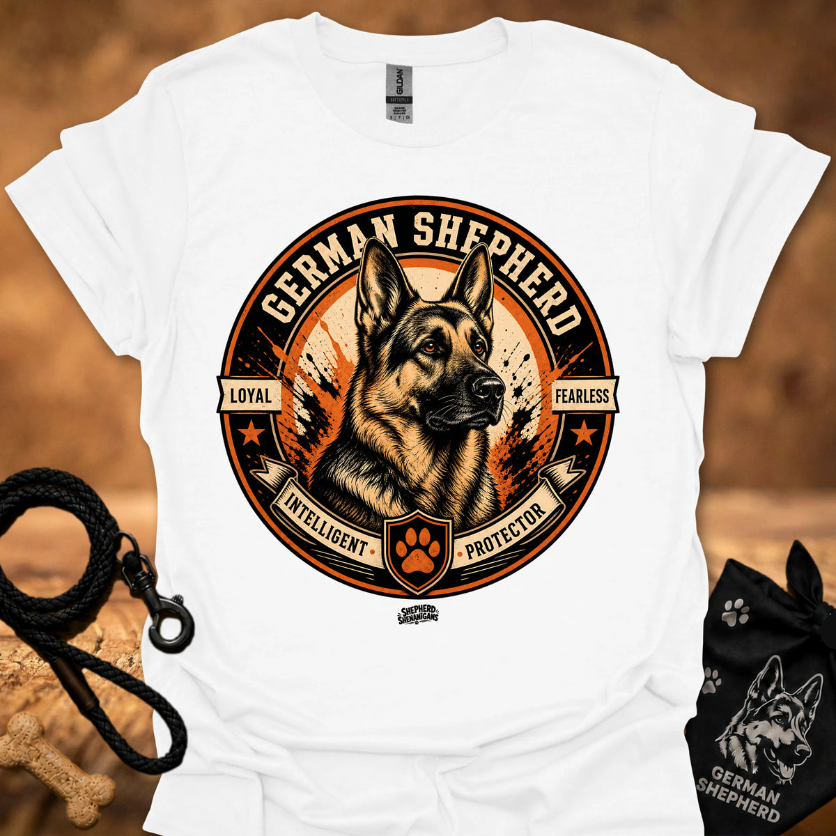 White T-shirt with German Shepherd emblem front graphic
