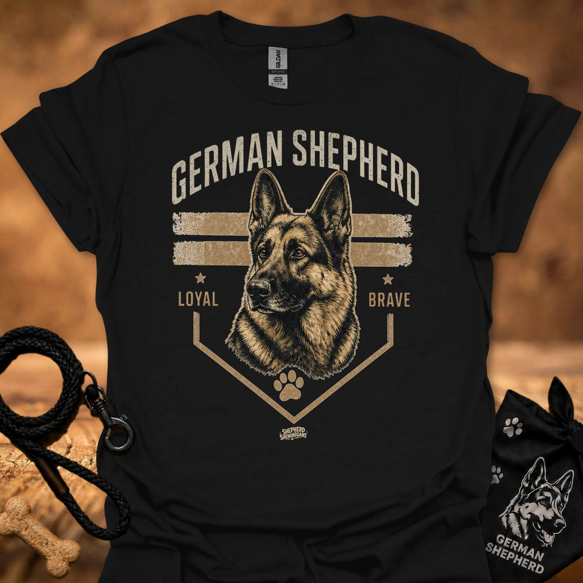 Black crew-neck T-shirt with German shepherd emblem, paw print, and star details