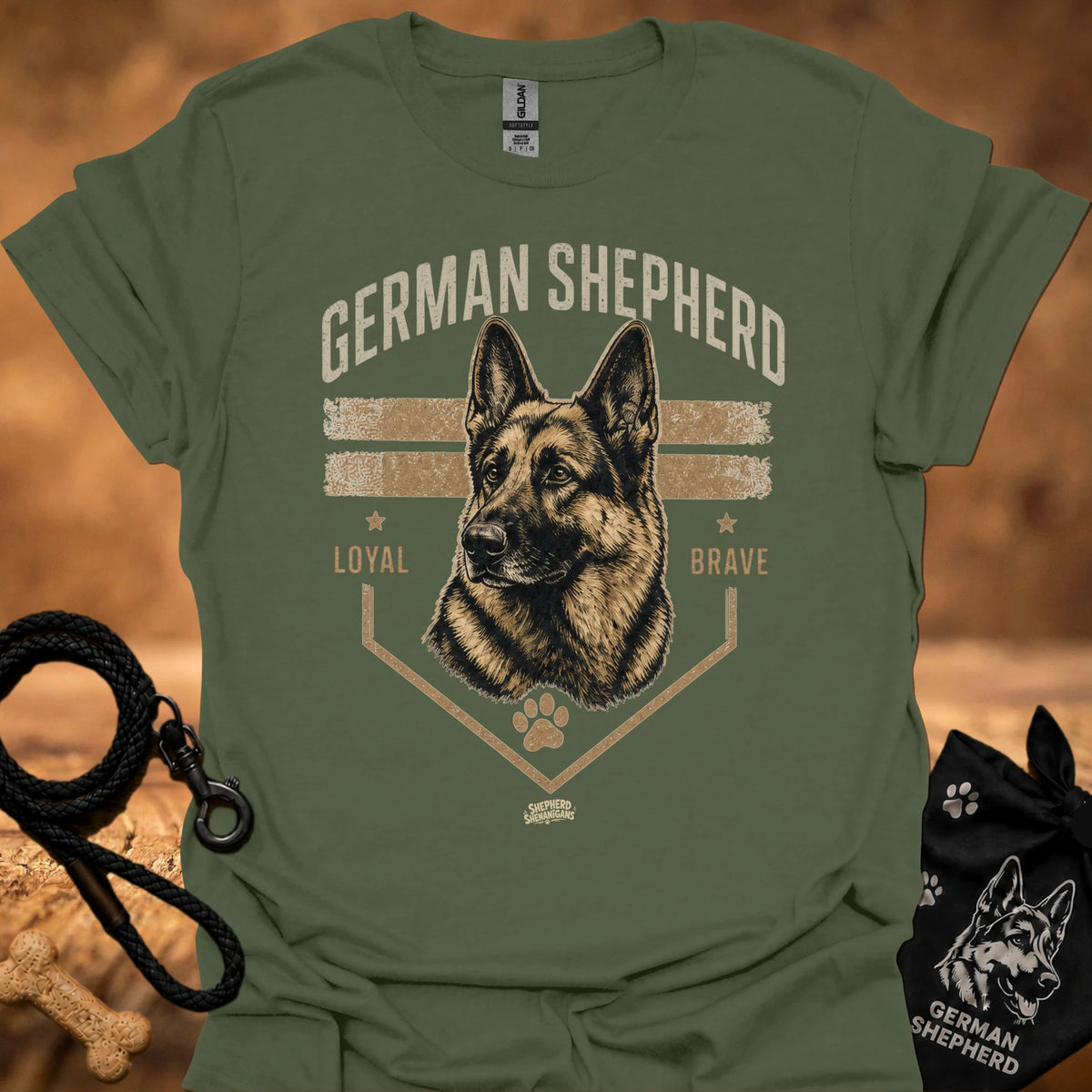 Military green crew-neck T-shirt with German shepherd emblem, paw print, and star details