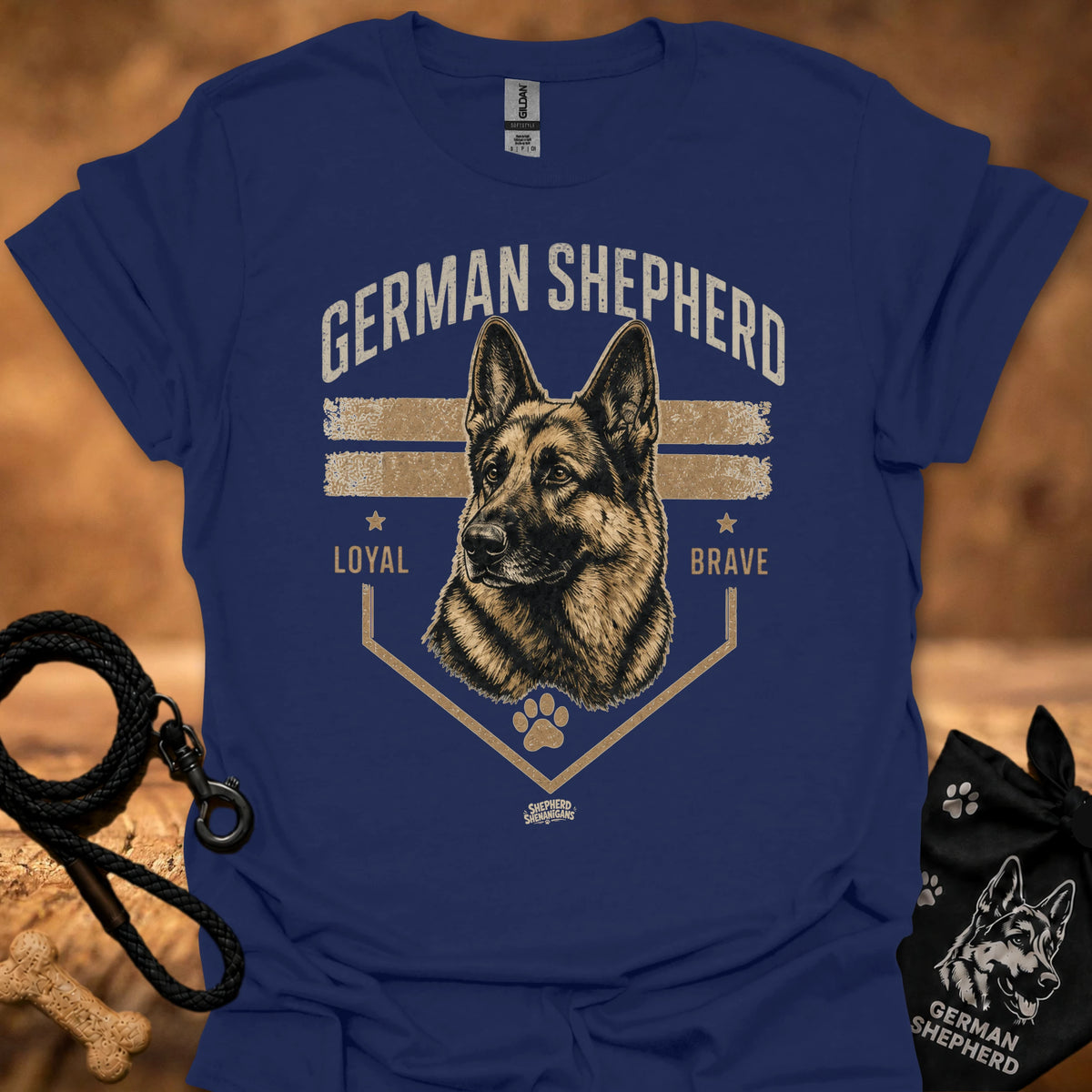 Royal blue crew-neck T-shirt with German shepherd emblem, paw print, and star details