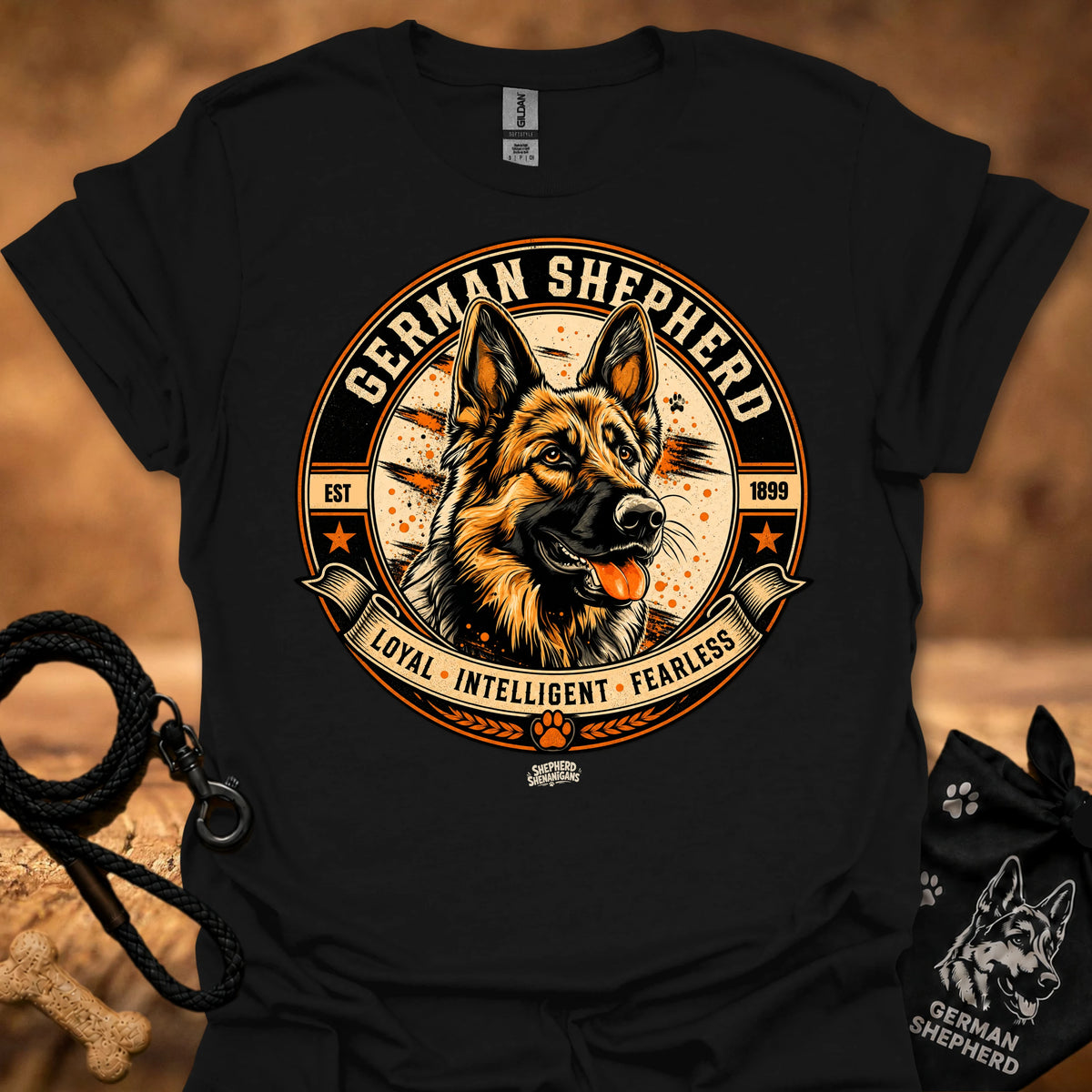 Black crew-neck T-shirt with German Shepherd badge graphic on the chest