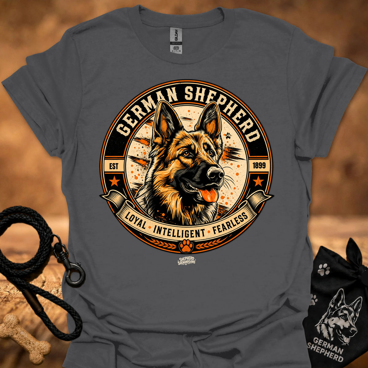 Charcoal crew-neck T-shirt with German Shepherd badge graphic on the chest