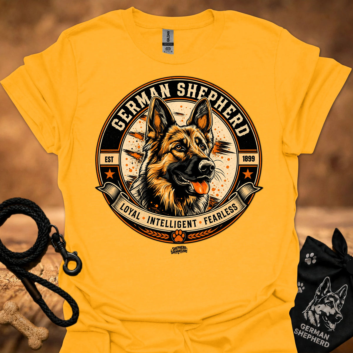 Gold crew-neck T-shirt with German Shepherd badge graphic on the chest