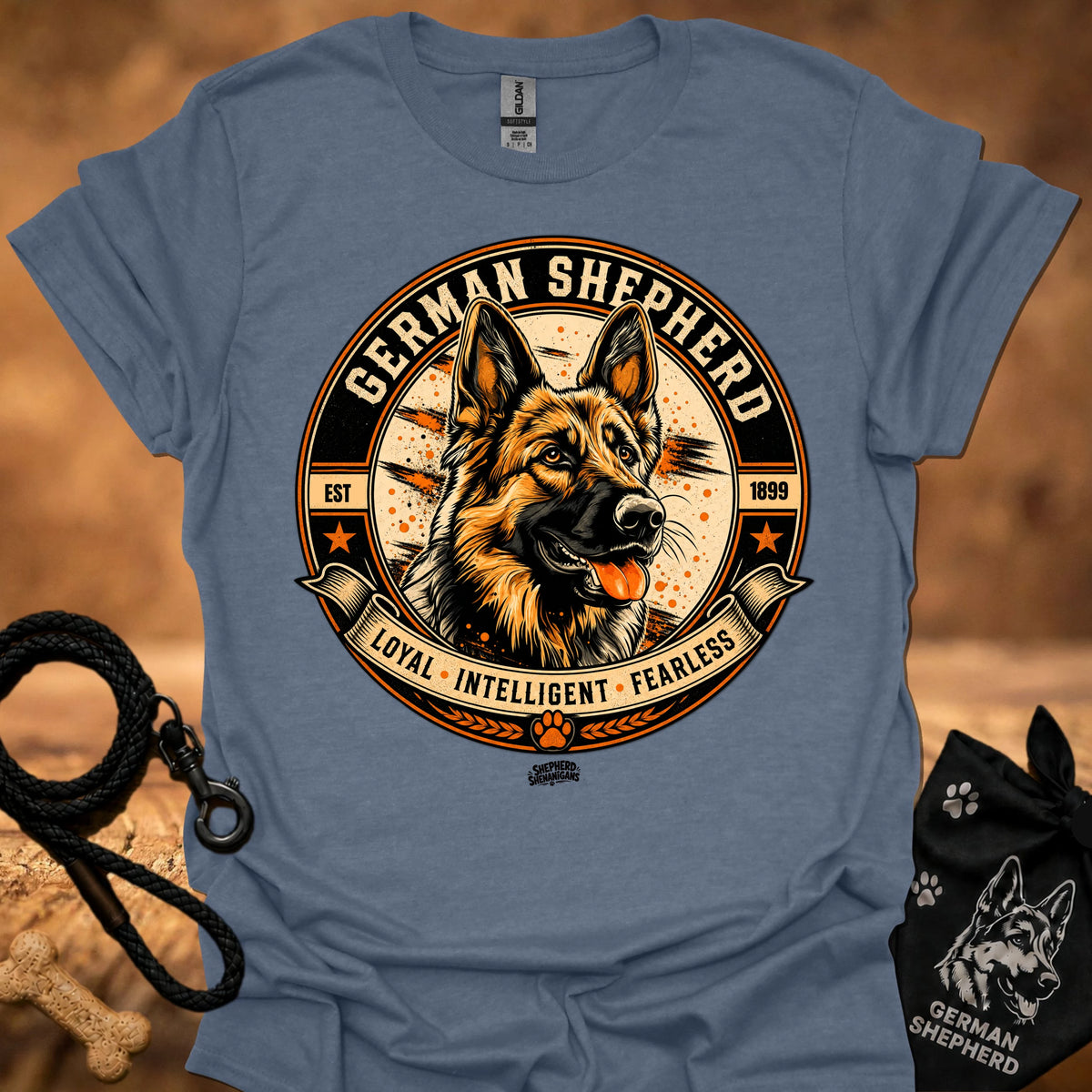 Heather indigo crew-neck T-shirt with German Shepherd badge graphic on the chest