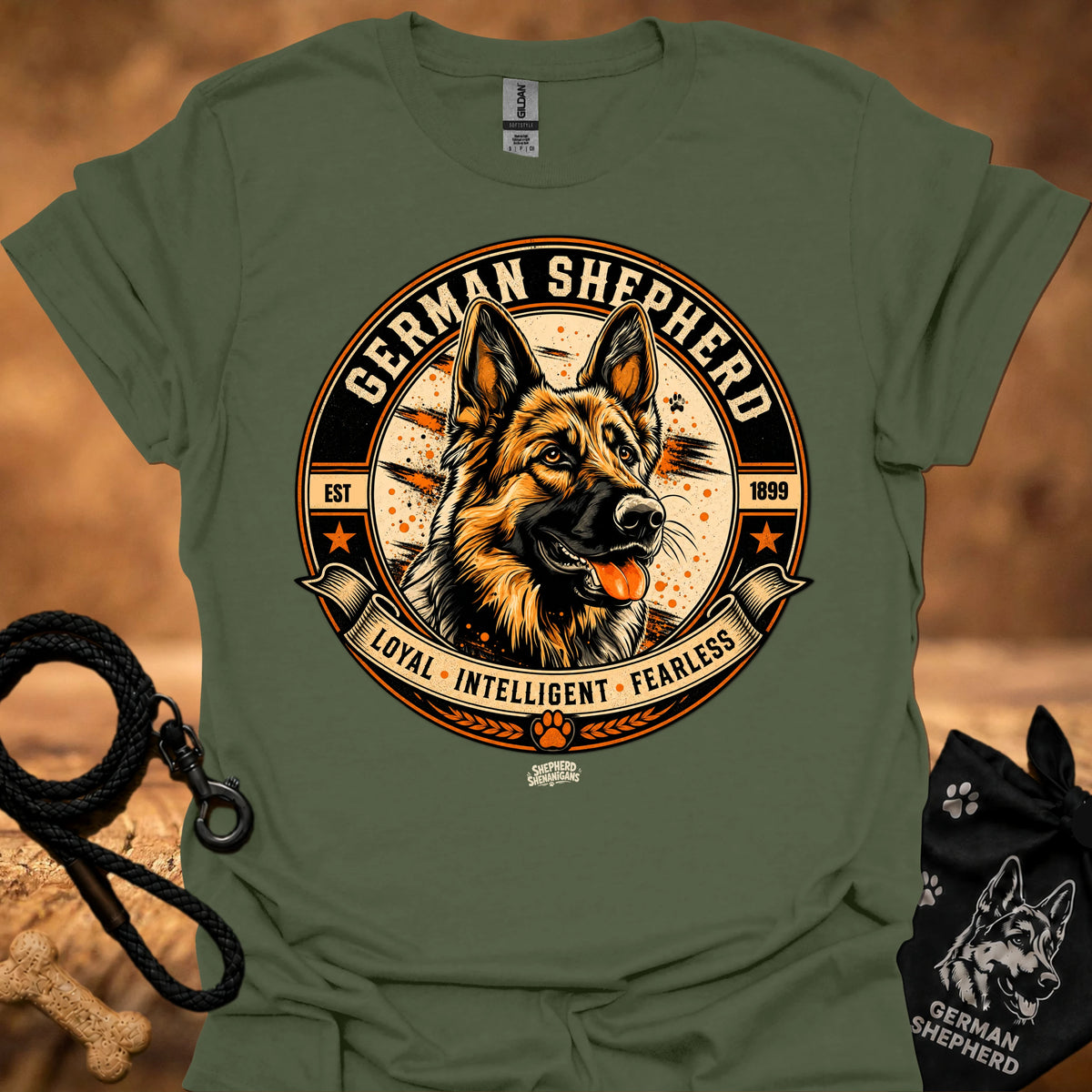 Military green crew-neck T-shirt with German Shepherd badge graphic on the chest