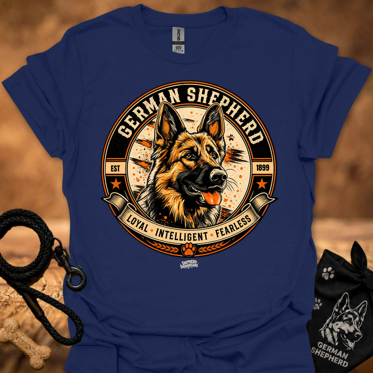 Royal blue crew-neck T-shirt with German Shepherd badge graphic on the chest