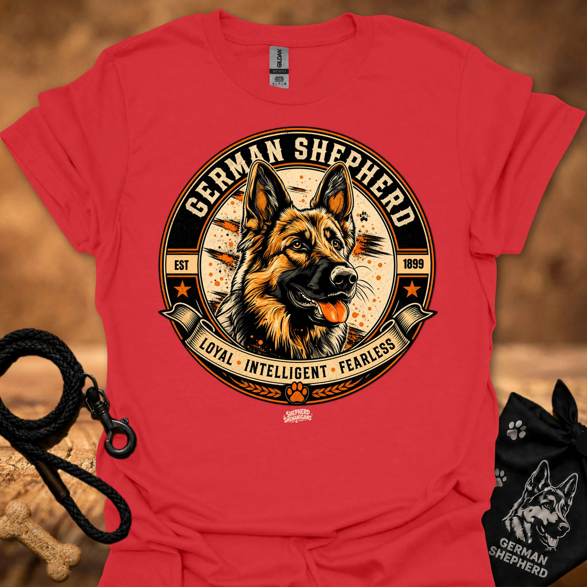 Red crew-neck T-shirt with German Shepherd badge graphic on the chest
