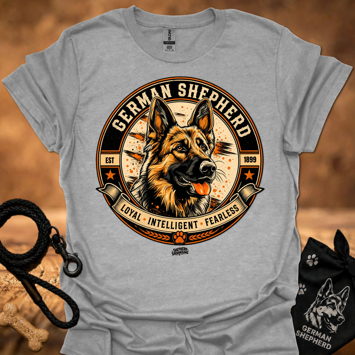 Sport grey crew-neck T-shirt with German Shepherd badge graphic on the chest