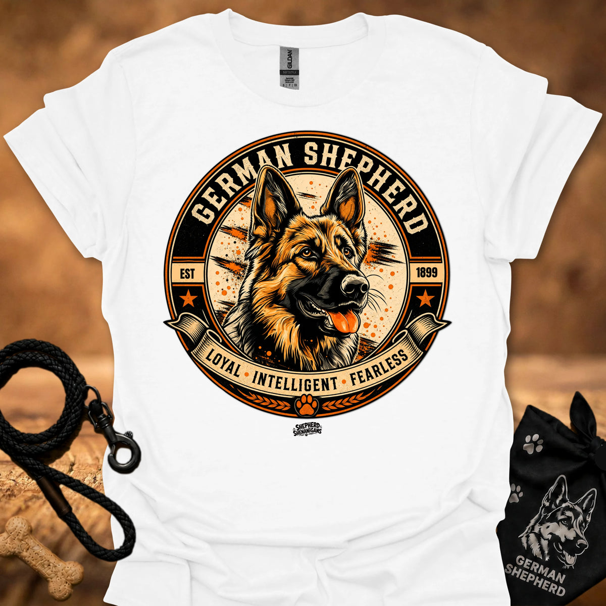 White crew-neck T-shirt with German Shepherd badge graphic on the chest