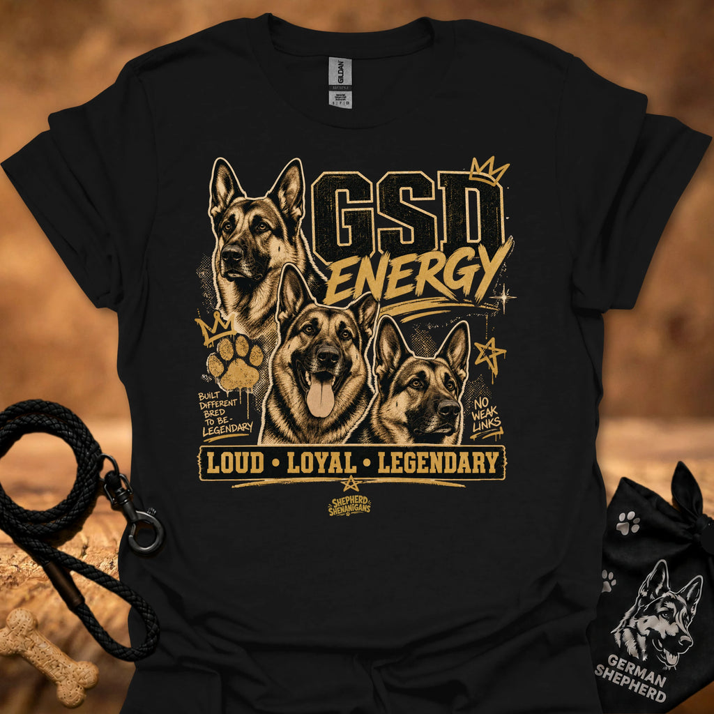 GSD Energy T-shirt, black, three German Shepherds graphic with “Loud • Loyal • Legendary”.