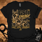 GSD Energy T-shirt, black, three German Shepherds graphic with “Loud • Loyal • Legendary”.
