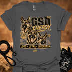 GSD Energy T-shirt, dark gray, three German Shepherds graphic with “Loud • Loyal • Legendary”.