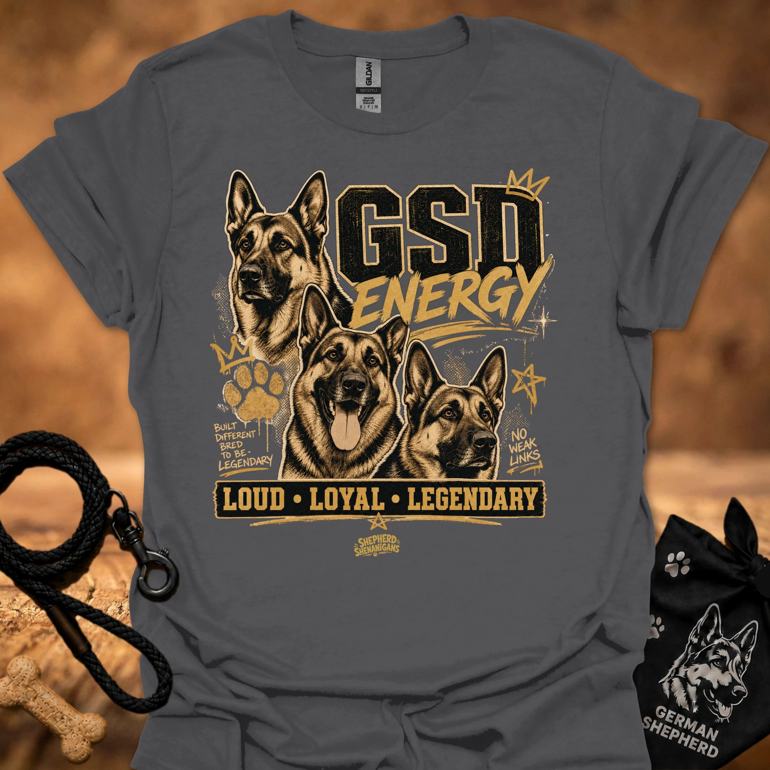 GSD Energy T-shirt, dark gray, three German Shepherds graphic with “Loud • Loyal • Legendary”.