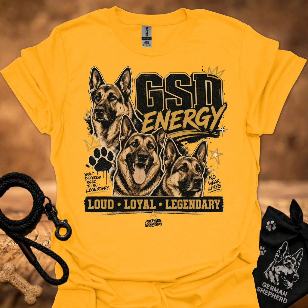 GSD Energy T-shirt, gold/yellow, three German Shepherds graphic with “Loud • Loyal • Legendary”.