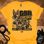 GSD Energy T-shirt, gold/yellow, three German Shepherds graphic with “Loud • Loyal • Legendary”.