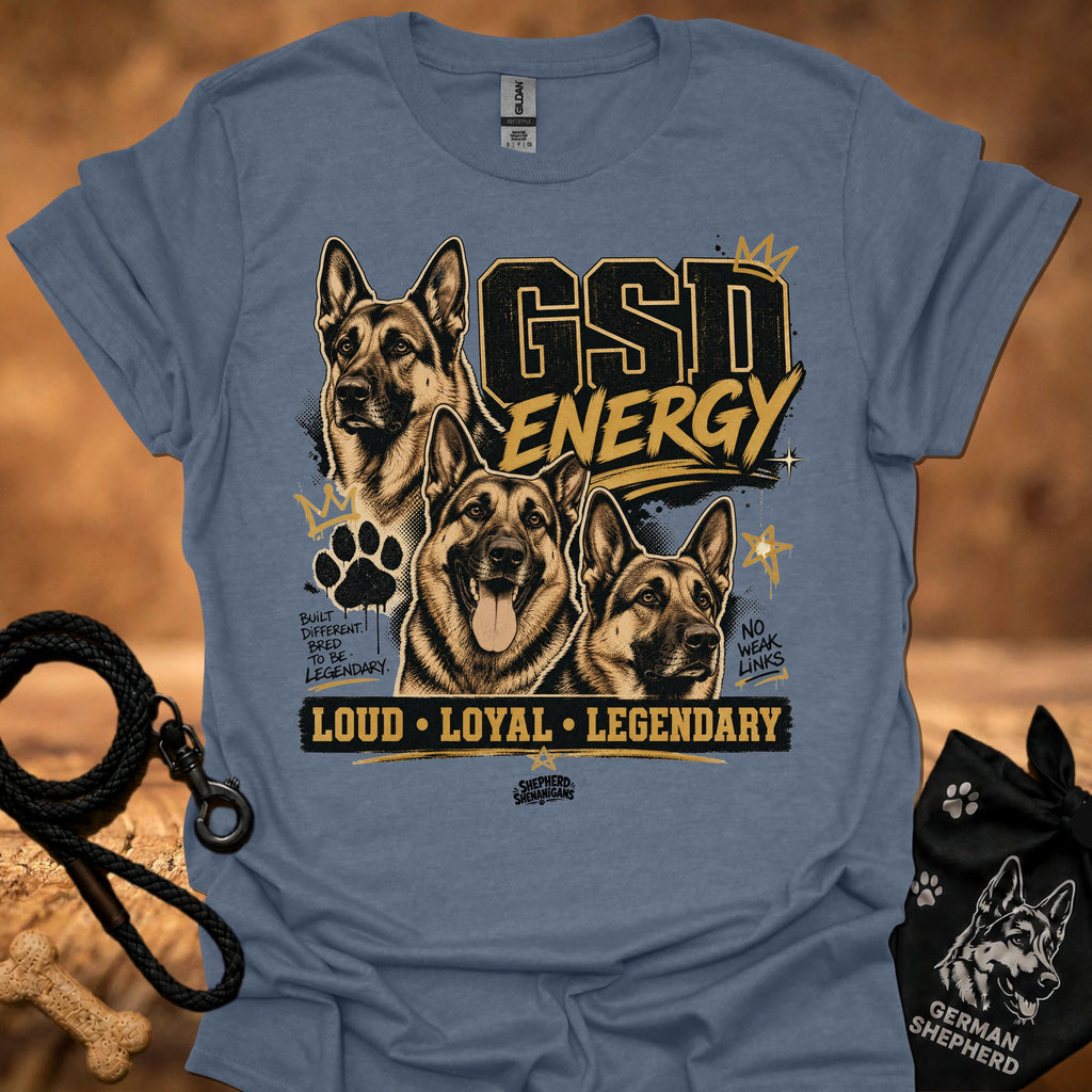 GSD Energy T-shirt, steel blue, three German Shepherds graphic with “Loud • Loyal • Legendary”.