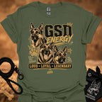 GSD Energy T-shirt, military green, three German Shepherds graphic with “Loud • Loyal • Legendary”.