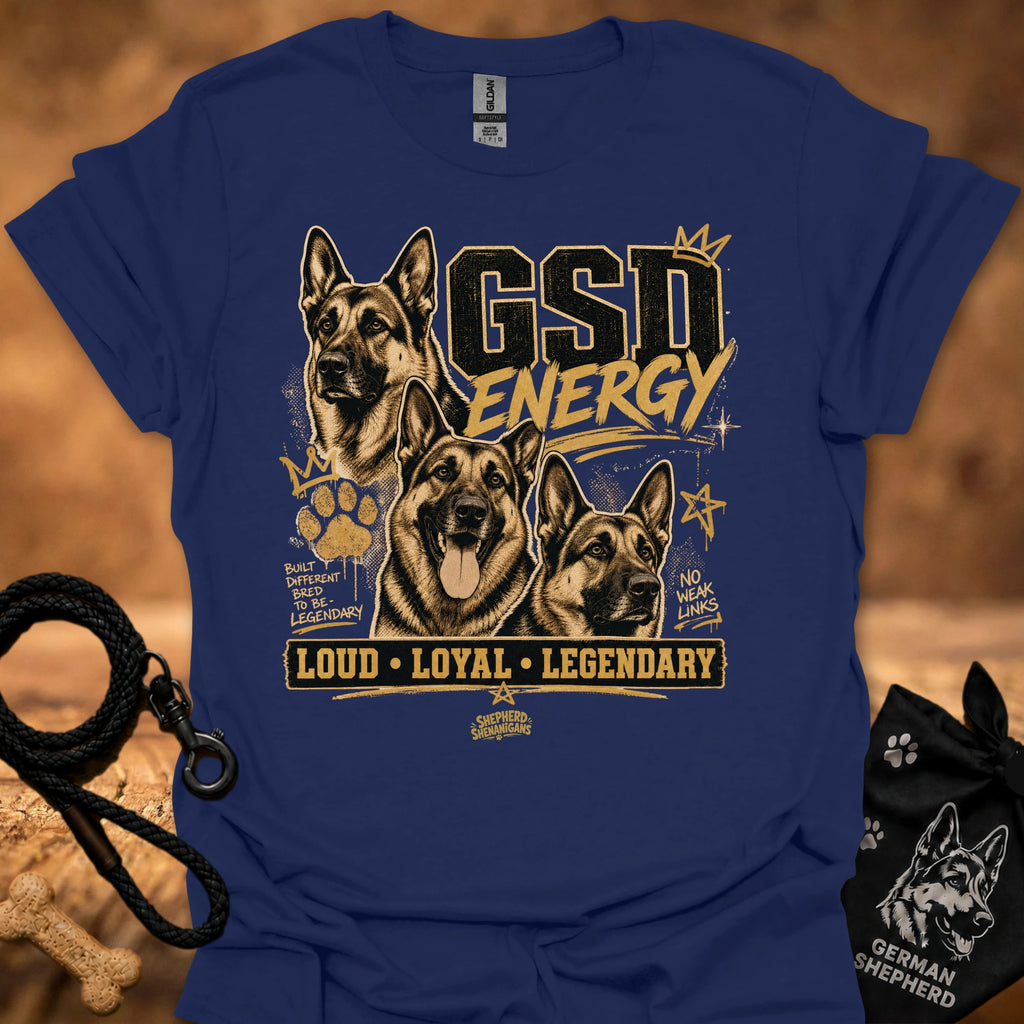 GSD Energy T-shirt, royal blue, three German Shepherds graphic with “Loud • Loyal • Legendary”.