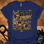 GSD Energy T-shirt, royal blue, three German Shepherds graphic with “Loud • Loyal • Legendary”.
