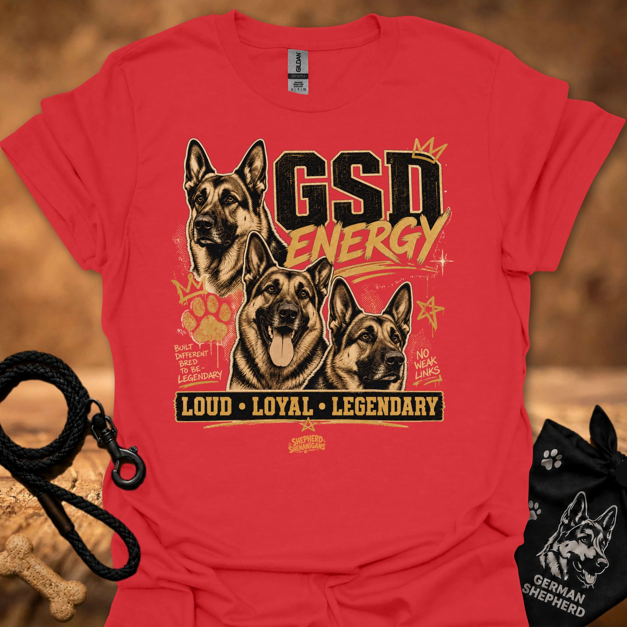 GSD Energy T-shirt, red, three German Shepherds graphic with “Loud • Loyal • Legendary”.